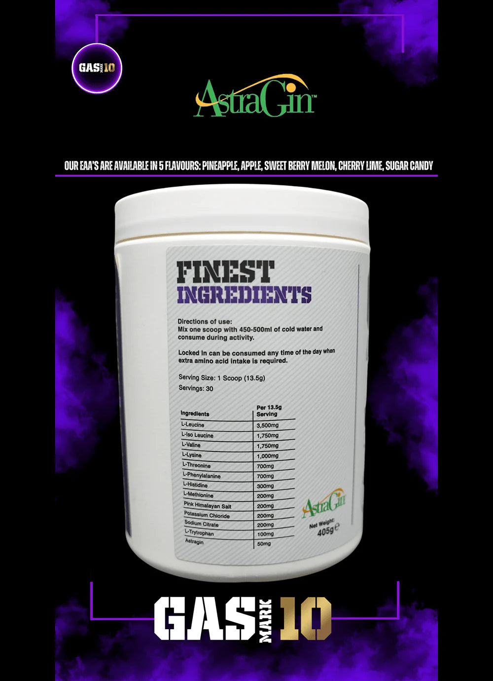 Fuel your workouts with Gas Mark 10 Locked-In EAAs - a powerful blend of essential amino acids.
