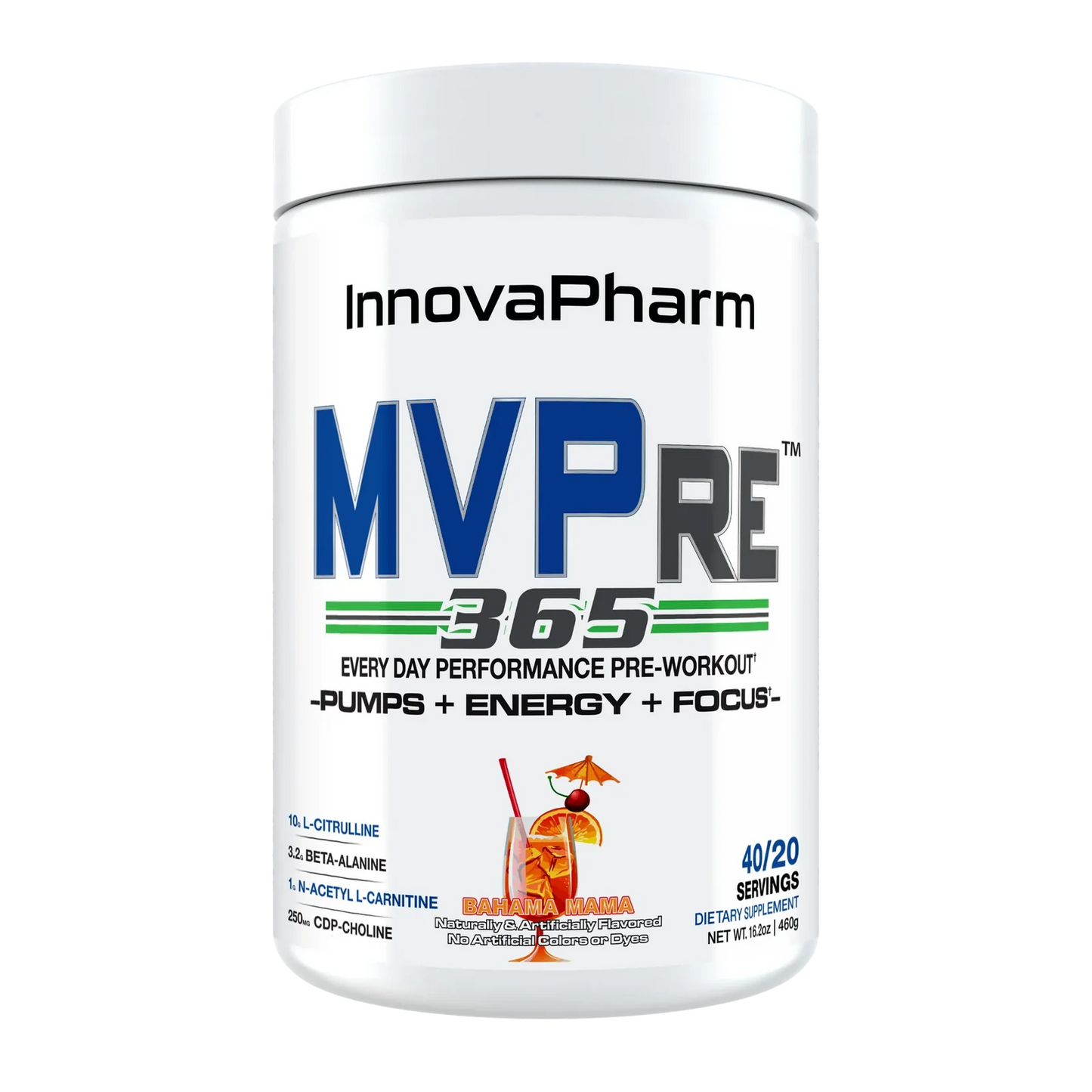 Unlock peak performace with InnovaPharm MVPre 365, the ultimate daily pre-workout supplement designed to fuel your workouts and oush your limits. Engineered with clinically dosed ingredients, MVPre 365 delivers explosive energy, laser focus, enhanced endurance, and skin-splitting muscle pumps - without the crash.
