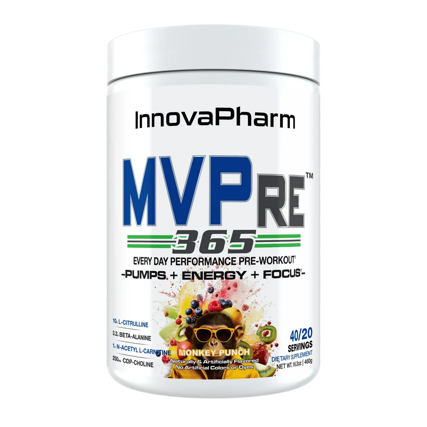 Unlock peak performace with InnovaPharm MVPre 365, the ultimate daily pre-workout supplement designed to fuel your workouts and oush your limits. Engineered with clinically dosed ingredients, MVPre 365 delivers explosive energy, laser focus, enhanced endurance, and skin-splitting muscle pumps - without the crash.