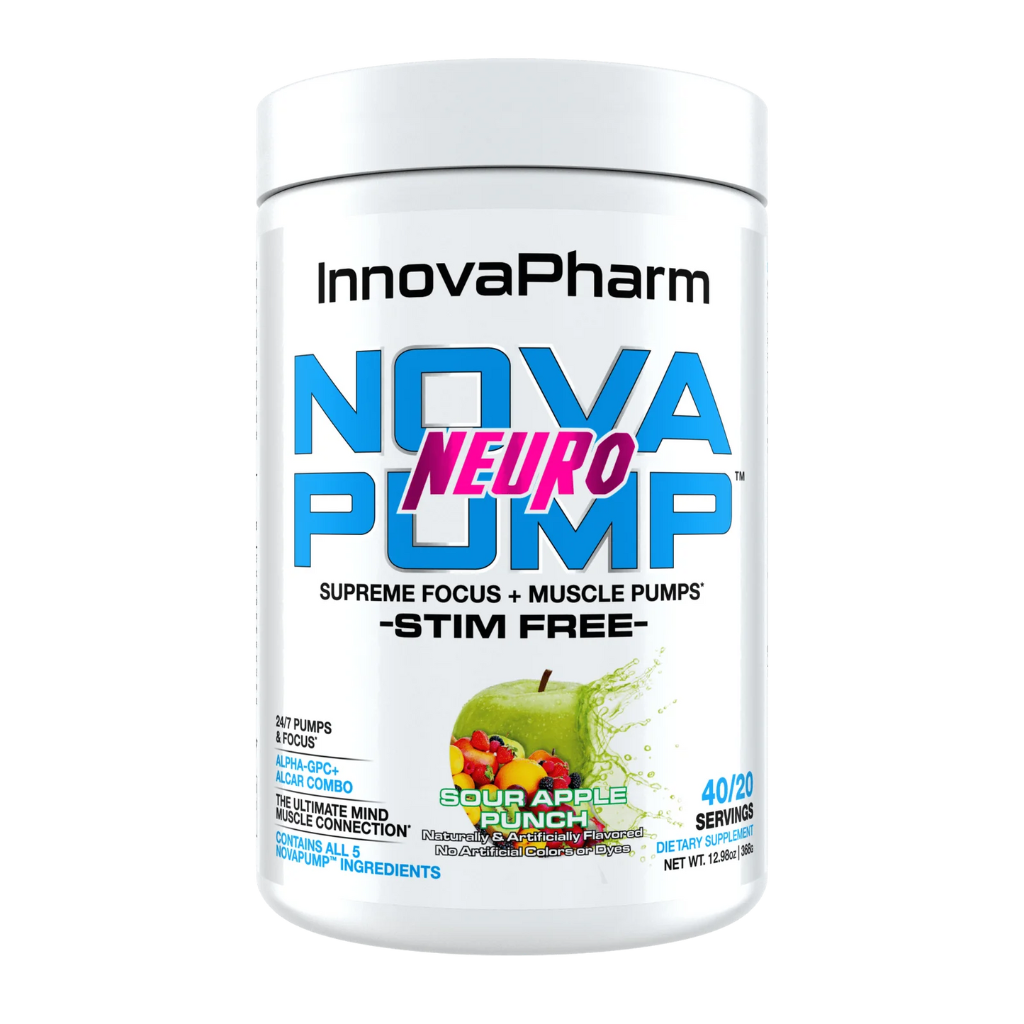 Elevate your workouts with InnovaPharm Nova Pump Neuro, the ultimate stim-free pre-workout supplement designed to enhance muscle pumps, mental focus, and endurance without the jitters. This premium nootropic formula combines cutting-edge ingredients to deliver explosive muscle pumps, razor-sharp mental clarity, and sustained performance - all without caffeine or stimulants.
