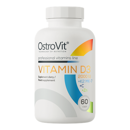 Boost your health and performance with OstroVit Vitamin D3 2000 IU + K2 MK-7 + C + Zinc - a powerful formula designed to support bone strength, immune function, and muscle recovery.