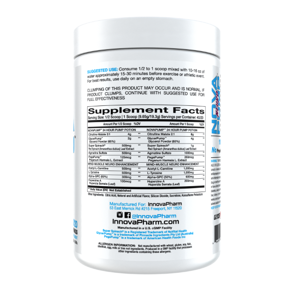 Elevate your workouts with InnovaPharm Nova Pump Neuro, the ultimate stim-free pre-workout supplement designed to enhance muscle pumps, mental focus, and endurance without the jitters. This premium nootropic formula combines cutting-edge ingredients to deliver explosive muscle pumps, razor-sharp mental clarity, and sustained performance - all without caffeine or stimulants.