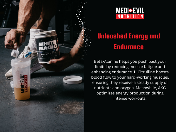 Unleash your inner warrior with Medi-Evil White Magic Pre-Workout-a high powered formula to enhance focus, endurance, and strength.