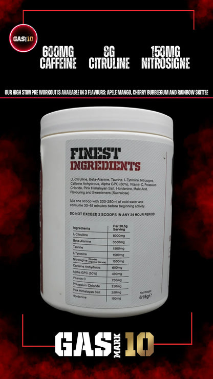 Experience intense energy, razor-sharp focus, and skin splitting pumps with Gas Mark 10 No Games - the ultimate high-stim pre-workout for serious lifters.