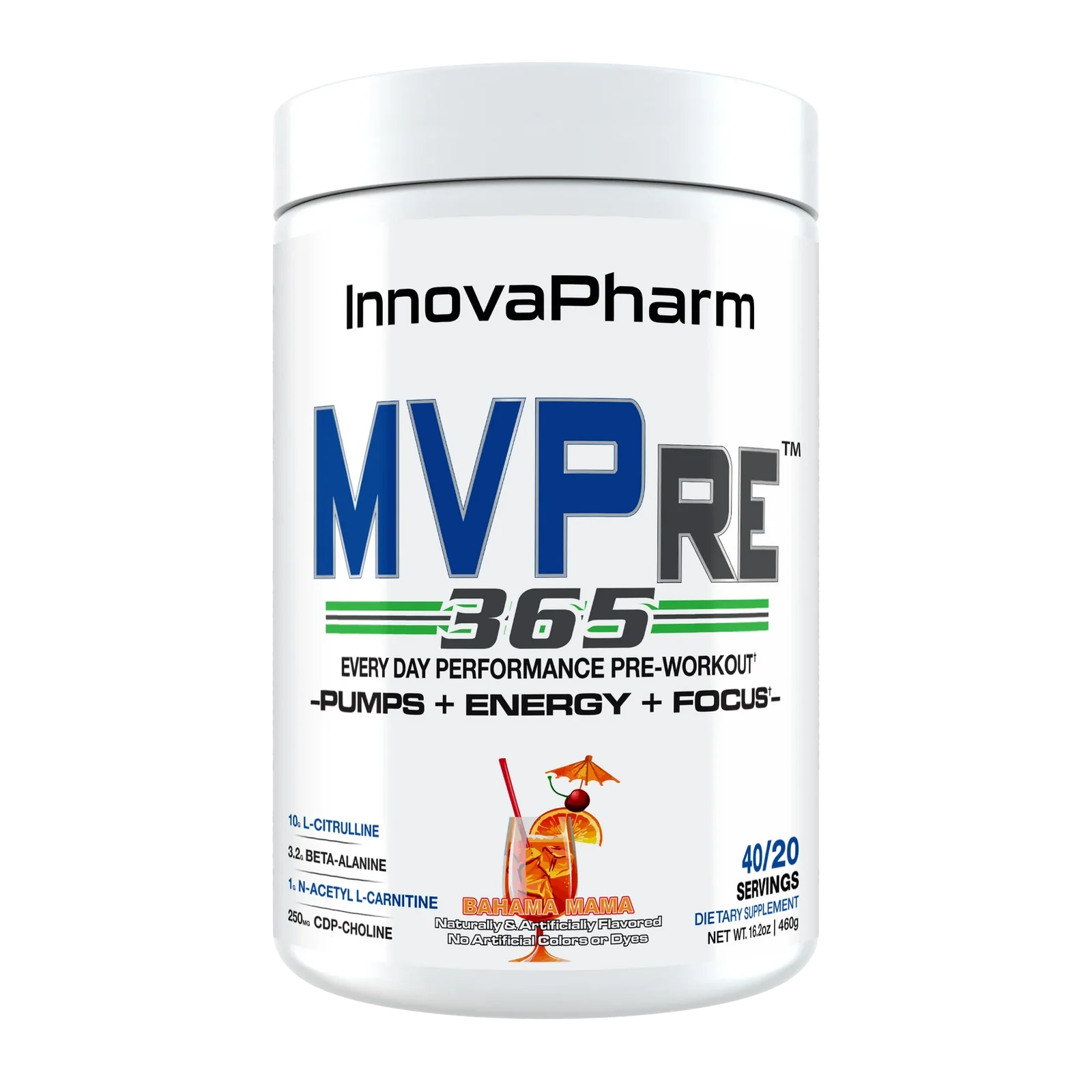 Unlock peak performace with InnovaPharm MVPre 365, the ultimate daily pre-workout supplement designed to fuel your workouts and oush your limits. Engineered with clinically dosed ingredients, MVPre 365 delivers explosive energy, laser focus, enhanced endurance, and skin-splitting muscle pumps - without the crash.