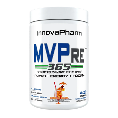 Unlock peak performace with InnovaPharm MVPre 365, the ultimate daily pre-workout supplement designed to fuel your workouts and oush your limits. Engineered with clinically dosed ingredients, MVPre 365 delivers explosive energy, laser focus, enhanced endurance, and skin-splitting muscle pumps - without the crash.
