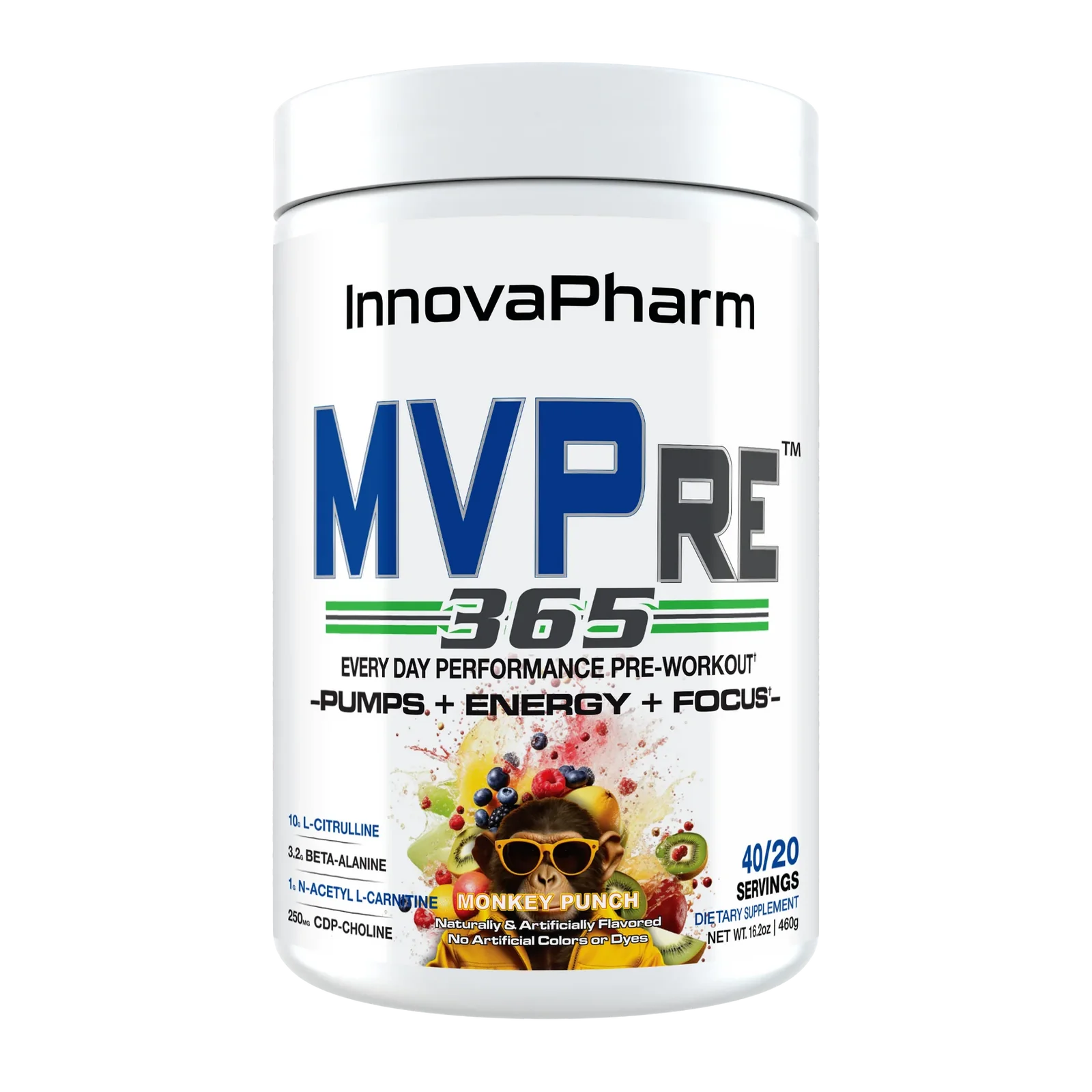 Unlock peak performace with InnovaPharm MVPre 365, the ultimate daily pre-workout supplement designed to fuel your workouts and oush your limits. Engineered with clinically dosed ingredients, MVPre 365 delivers explosive energy, laser focus, enhanced endurance, and skin-splitting muscle pumps - without the crash.