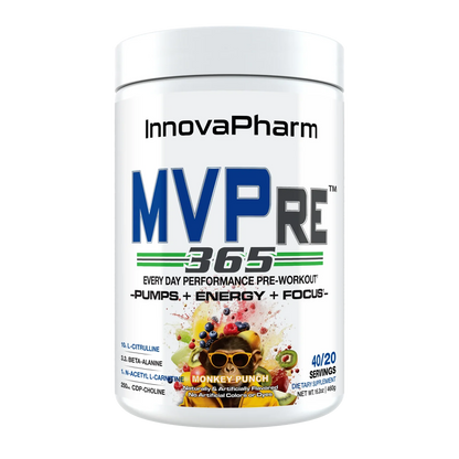 Unlock peak performace with InnovaPharm MVPre 365, the ultimate daily pre-workout supplement designed to fuel your workouts and oush your limits. Engineered with clinically dosed ingredients, MVPre 365 delivers explosive energy, laser focus, enhanced endurance, and skin-splitting muscle pumps - without the crash.
