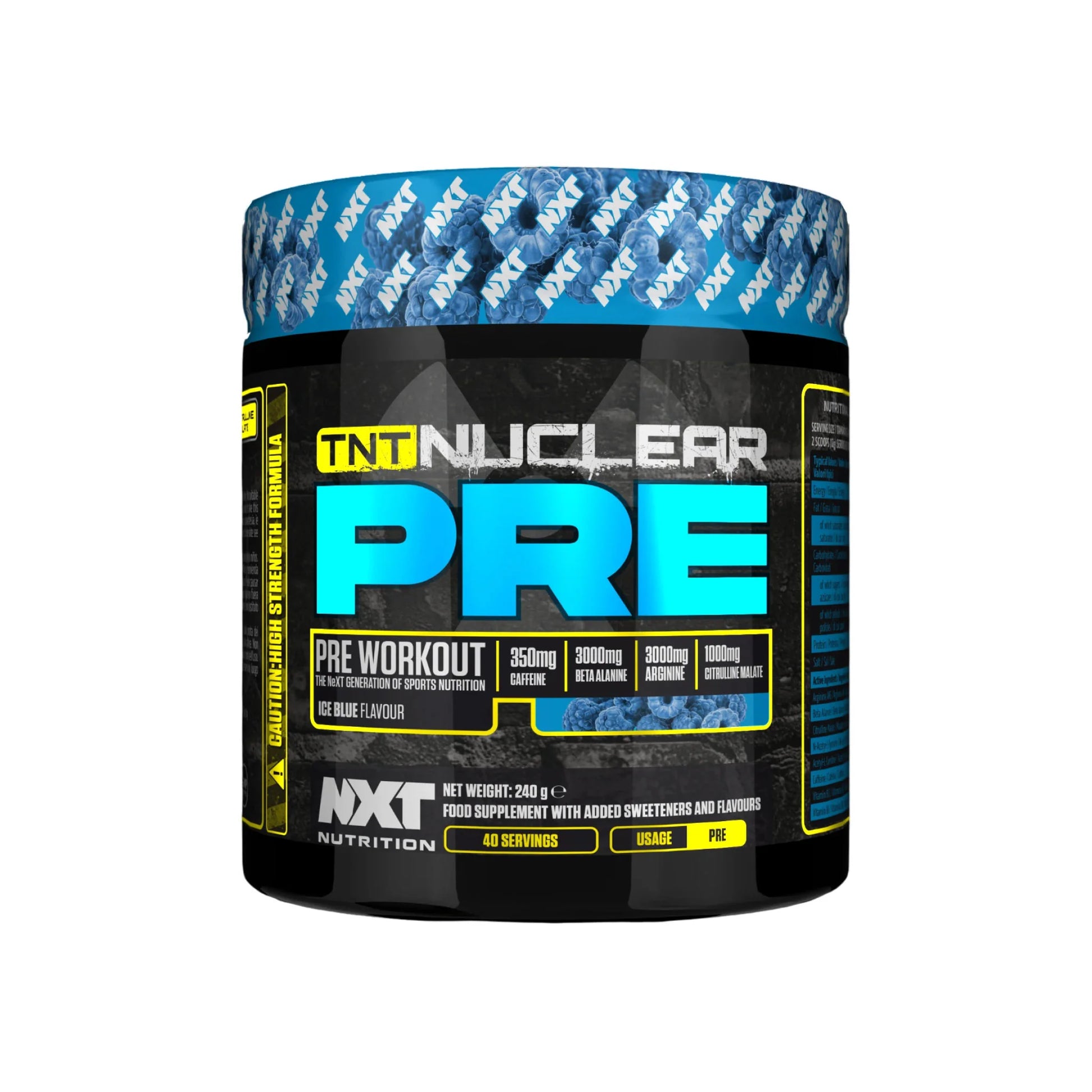 NXT Nutrition TNT Nuclear PRE 240g

- HIGH STRENGTH FORMULA*

- 350mg Caffeine

- 3g Beta Alanine

- 3g Arginine

1g Citrulline Malate

A blistering combination of ingredients designed to maximise intensity, TNT Nuclear PRE covers performance from every conceivable angle.