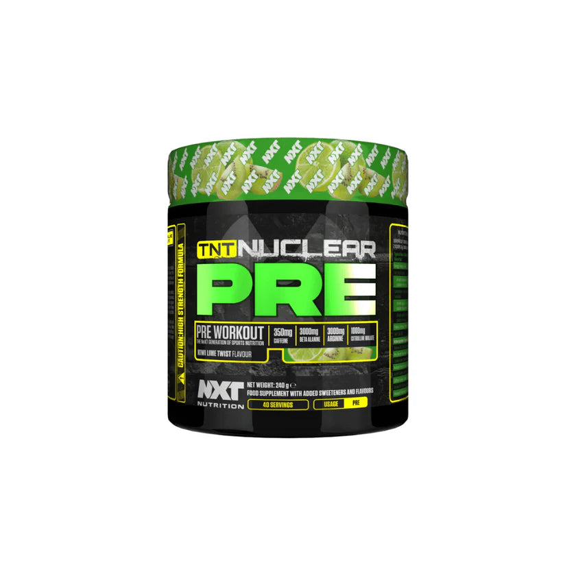 NXT Nutrition TNT Nuclear PRE 240g

- HIGH STRENGTH FORMULA*

- 350mg Caffeine

- 3g Beta Alanine

- 3g Arginine

1g Citrulline Malate

A blistering combination of ingredients designed to maximise intensity, TNT Nuclear PRE covers performance from every conceivable angle.