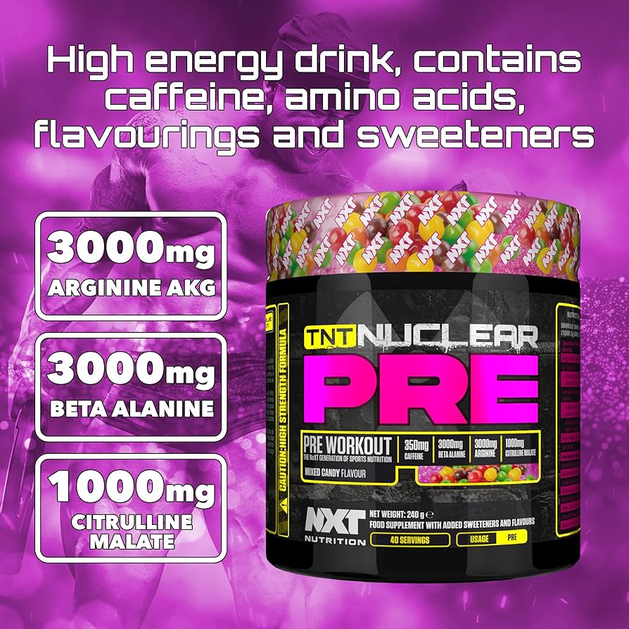 NXT Nutrition TNT Nuclear PRE 240g

- HIGH STRENGTH FORMULA*

- 350mg Caffeine

- 3g Beta Alanine

- 3g Arginine

1g Citrulline Malate

A blistering combination of ingredients designed to maximise intensity, TNT Nuclear PRE covers performance from every conceivable angle.