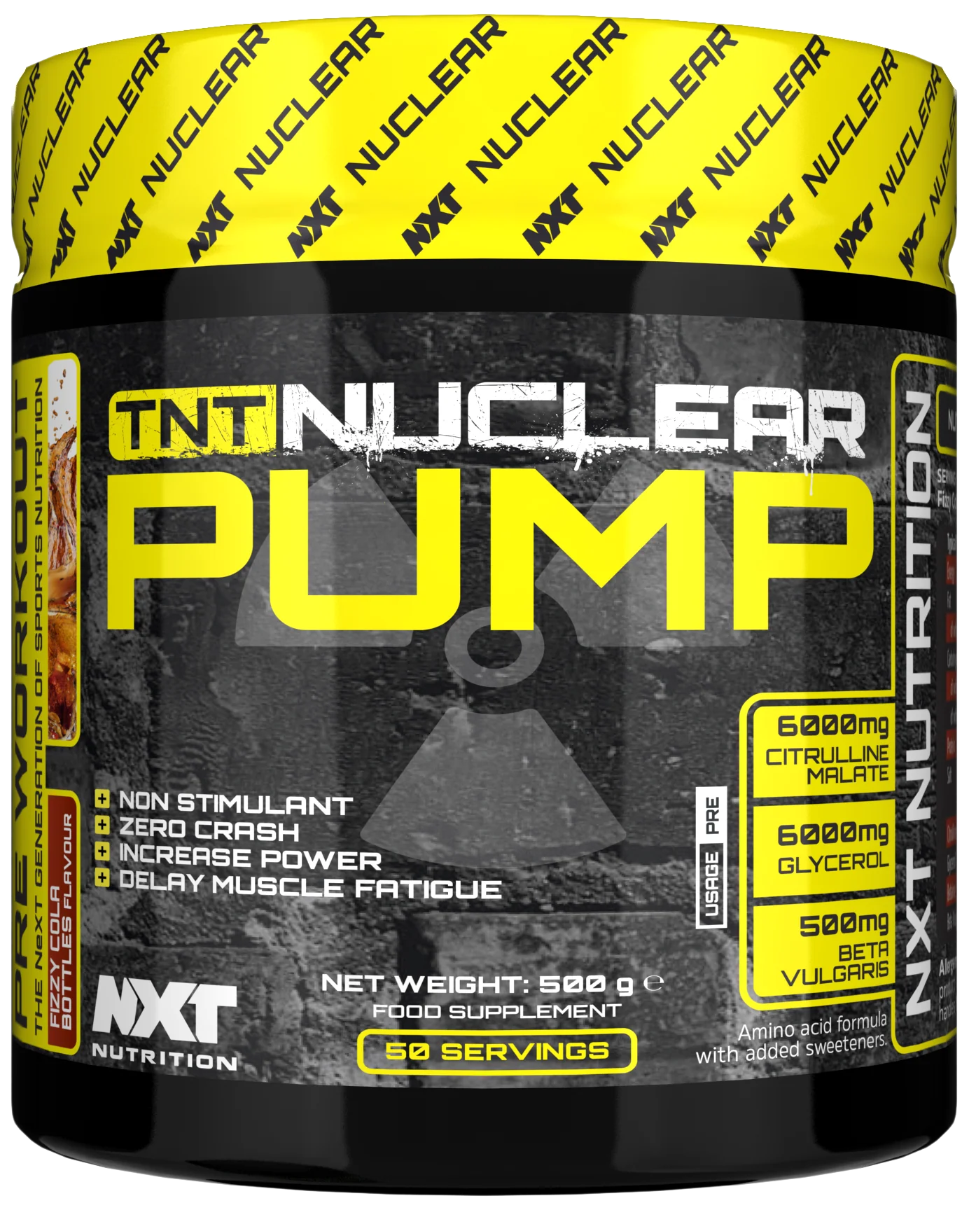 Powerful non-stimulant pre-workout pump formula for nitric oxide production. Increases intracellular water levels and nutrient delivery.  Delays fatigue, increases strength gains and enhances recovery between sets.