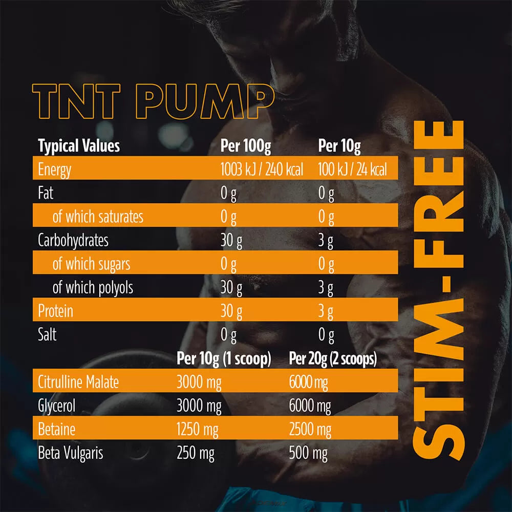 Powerful non-stimulant pre-workout pump formula for nitric oxide production. Increases intracellular water levels and nutrient delivery.  Delays fatigue, increases strength gains and enhances recovery between sets.