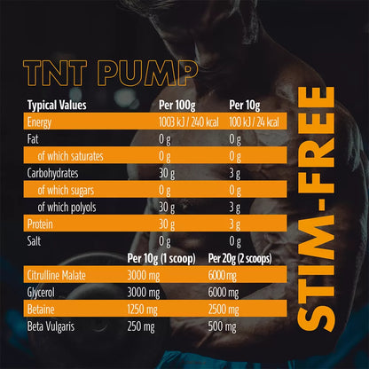 Powerful non-stimulant pre-workout pump formula for nitric oxide production. Increases intracellular water levels and nutrient delivery.  Delays fatigue, increases strength gains and enhances recovery between sets.