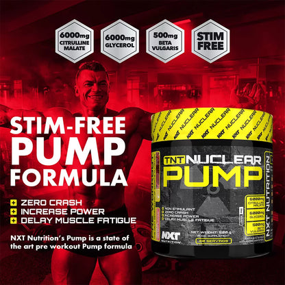 Powerful non-stimulant pre-workout pump formula for nitric oxide production. Increases intracellular water levels and nutrient delivery.  Delays fatigue, increases strength gains and enhances recovery between sets.